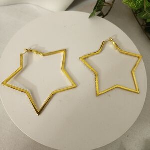 Gold Star Shape Hoop Earrings With Cubic Zirconia Stones